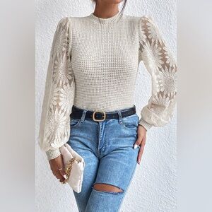 Beige Sunflower Mesh Bubble Sleeve Waffle Knit Top Bohemian Sweater Blouse